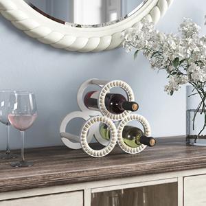 Soporte decorativo para 3 botellas de vino con acabado blanco envejecido y recortes circulares, expositor de vino redondo de madera estilo shabby chic. - Product Image 6