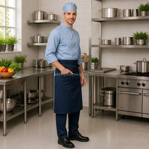 Conjunto de Uniforme de Chef Unisex, Chaqueta Azul Claro, Delantal Azul Marino, Pantalones, Gorro, Algodón Tejido, Manga Larga, Cierre de Botones, para Restaurante o Bar - Product Image 2