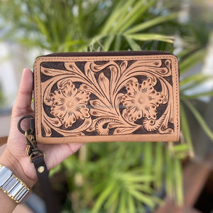 Cartera de cuero hecha a mano para mujer, monedero Continental con cremallera, tarjetero, cartera larga Vintage marrón occidental, regalos para ella - Product Image 2