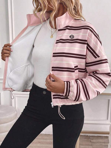 Custom Logo Women Sweatshirts Full Zip Striped Oversized Drop Shoulder Fleece Bomber <b>Jacket</b> Casual Streetwear Hoodies Wholesale - Product Image 3