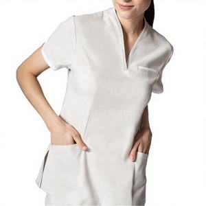 Women's White V-Neck <b>Scrub</b> <b>Top</b> Short Sleeve Cotton Polyester Woven Hospital Uniform Blouse with Pockets - Product Image 5