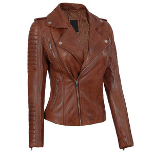 Women's Genuine <b>Leather</b> Moto <b>Jacket</b> Full Sleeve Stand Collar Zipper Closure Autumn Style Brown Color Women's thick <b>leather</b> coat - Product Image 4