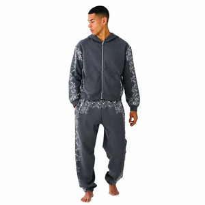 Men's Grey Paisley <b>Print</b> Hooded Tracksuit Full Length Zipper Sweatshirt And Pants Set Casual Autumn Wear - Product Image 1