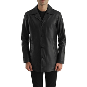 <b>Men's</b> <b>Black</b> Genuine Leather Single Breasted Trench Coat Notched Lapel Long <b>Overcoat</b> - Product Image 4
