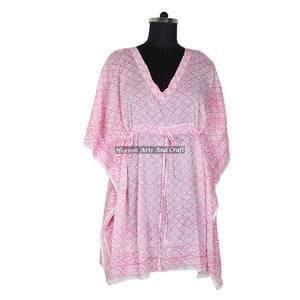 Robe Kaftan pour femmes en coton 100% - Imprimé à la main - KFCS076 - Légère - Vêtement décontracté pour occasions spéciales - Robe Kaftan courte - Product Image 3