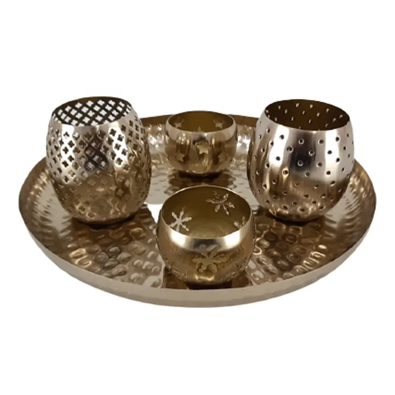 Dekorative runde Luxus-Luxus platte aus Eisen mit 4 Votiv-Messing beschichtungen Mosaik kerzen glas im modernen Stil und Gefäße in loser Schüttung
