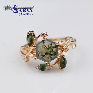 Women's Rose Gold Plated 925 Silver <b>Moss</b> <b>Agate</b> Hexagon Cut Vintage Plant Design Wedding <b>Ring</b> for Party - Product Image 4