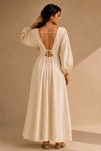 Elegante Vestido Maxi Casual de Verano para Mujer, Estilo Bohemio, de Lino/Algodón, Color Liso, Moderno, con Cuello en V, Manga Larga, Espalda con Lazo y Abertura Alta - Product Image 2