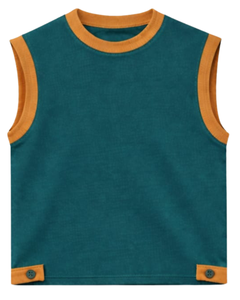 เสื้อกล้ามสีเขียวอมฟ้าสำหรับผู้ชายและกางเกงขาสั้นเข้าชุด ชุดฤดูร้อนผ้าฝ้าย แต่งขอบสีมัสตาร์ด ชุดสองชิ้นพร้อมเชือกผูก - Product Image 1