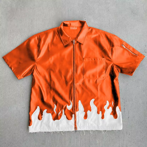 เสื้อเชิ้ตซิปแขนสั้นผ้าซาตินสีชมพูผู้ชายสไตล์สตรีทพิมพ์ลายเปลวไฟลำลองฤดูร้อนคอปกพับลง - Product Image 4