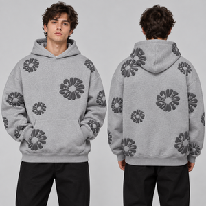 Sweats à capuche imprimés violet foncé avec motifs floraux lilas, commandes en gros, vêtements décontractés, streetwear, texture en relief, options de tailles - Product Image 6