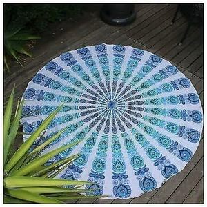 Tapisserie murale ronde Ombre Hippie Mandala Bohème Indienne, Nappe 70 pouces 178cm Bleu sur Blanc - Product Image 1