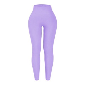 Leggings de Yoga de Cintura Alta, Acanalados, Largos, Color Morado Sólido, Sin Costuras, Elásticos en Cuatro Direcciones, Transpirables, con Cintura Elástica, Pantalones de Spandex/Nailon - Product Image 1