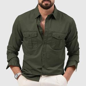 Camisa de sarga 100% algodón verde oscuro de manga larga casual para hombre Bearfit, corte entallado elegante con bolsillos delanteros, estilo moderno - Product Image 2