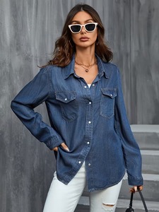 Camisa vaquera unisex con nudo, informal, de manga larga, a la moda, con botones, lavada, de corte ajustado, estilo urbano, elegante y ligera. - Product Image 3