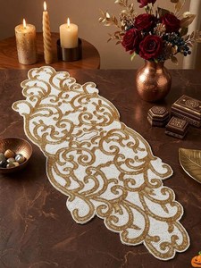 Camino de Mesa Hecho a Mano con Cuentas y Bordado Floral, de Lujo, para Mesa de Comedor, Poliéster/Algodón (13x36), para Uso en Hoteles y Hogares - Product Image 2