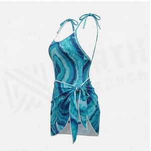 Women's <b>Blue</b> Agate Print Swimdress Halter Neck Tie Side Asymmetric Wrap One Piece Stretch Beachwear - Product Image 3