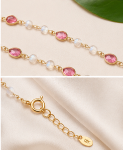 Natural <b>Pink</b> Tourmaline and Rainbow Moonstone Station Necklace in Solid 18K Yellow Gold Bezel Set Pear and Round Gemstone Chain - Product Image 4
