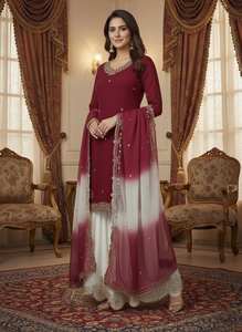 ชุดคุรตะสไตล์อินเดีย-ปากีสถาน พร้อมผ้าคลุมไหล่ปักเลื่อมผ้าออร์แกนซ่า ขายส่งเสื้อผ้าชาติพันธุ์ - Product Image 3