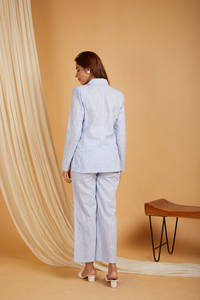 Pastel Blue <b>Linen</b> Wrap Blazer and Matching Pants <b>Set</b> Elegant Long Sleeve Casual Formal Office Wear Co-ord Outfit for <b>Women</b> - Product Image 2