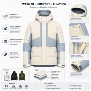 เสื้อแจ็คเก็ตพัฟเฟอร์แบบมีฮู้ดสำหรับผู้ชาย OEM กันลม อุ่นสบาย บุด้วยผ้าควิลท์ สีสันตัดกัน เสื้อคลุมฤดูหนาว โพลีเอสเตอร์/ไนลอน ปักลายปักแบบกำหนดเองได้ - Product Image 5