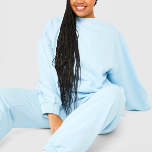 Custom Logo Women Oversized Sky Blue Sweatshirt and Jogger Set Premium Cotton Fleece Tracksuit Casual Two Piece Loungewear - Product Image 4