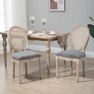 Set di 2 Sedie Laterali in Stile Francese Rivestite in Lino con Schienale in Rattan per Sala da Pranzo - Product Image 2