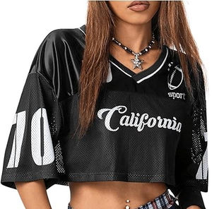 Camiseta de fútbol americano barata al por mayor para mujer, personalizada, de malla holgada, con hombros caídos, cuello en V, manga corta, 100% poliéster - Product Image 3