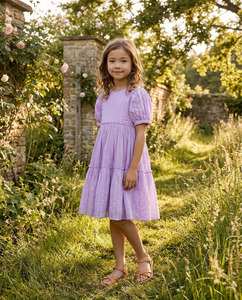 Vestido de niña lavanda con mangas abullonadas y volantes, corte A, hasta la rodilla, color liso, de algodón y lino transpirable, estilo princesa, para verano - Product Image 4
