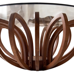 Table basse de salon moderne et attrayante, style floral, avec base sculpturale en bois de manguier massif et plateau rond en verre - Product Image 4