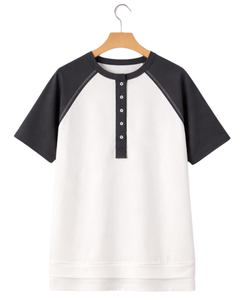 Women White Black Raglan Sleeve Henley T Shirt Cotton Blend Short Sleeve Casual Summer <b>Top</b> Comfortable Lightweight Tee Wear - Product Image 1