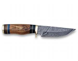 Cuchillo utilitario de hoja curva de acero de Damasco hecho a mano, mango de madera de Bocote, guardacuchillo de latón, herramienta de campo - Product Image 5