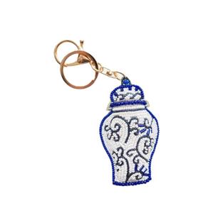 Handmade Canvas Keychain Charm with Cotton Embroidery Blue White Vase Design-Customizable <b>Foundation</b> Fabric Holiday Decor Craft - Product Image 1