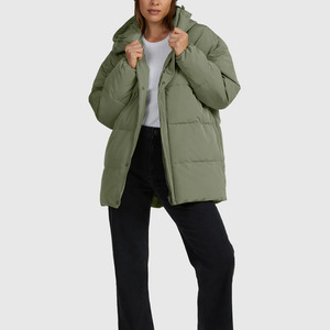 Women's Olive Green Quilted Hooded Puffer Jacket Long Sleeve <b>Winter</b> <b>Coat</b> <b>Thick</b> Polyester Wadding Full Length Zipper Closure - Product Image 1