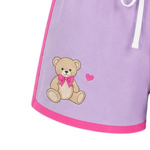 Conjunto de dos piezas de shorts para mujer en lavanda y rosa, top con cuello cuadrado y botones, bordado de oso de peluche, ribete en contraste, informal, de algodón, para verano. - Product Image 6