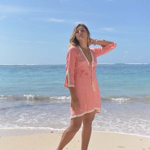 Voguish Chic Pink Bead Embroidery Relaxed Fit A-Line Spaghetti Strap Midi <b>Beach</b> Swimwear Cover Dress Tunic Women Best Selling - Product Image 1