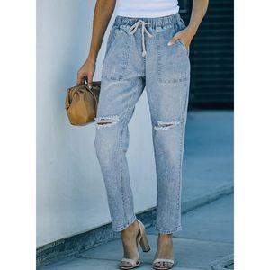 2025 femmes bleu clair taille haute élastique cordon Joggers crayon pantalon avec respirant déchiré Cargo Design taille 4 - Product Image 2