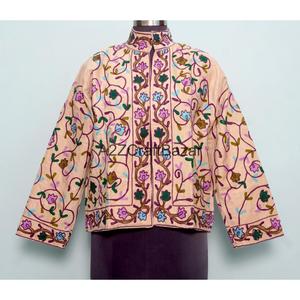 Floral Embroidery Vintage <b>Mandarin</b> <b>Collar</b> Cotrise <b>Jacket</b> Handmade Cotton Lining Eco-Friendly Breathable Quick Dry Embossed - Product Image 1