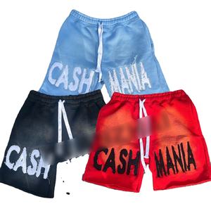High Quality Custom Embroidered <b>Men's</b> Distressed <b>Sweat</b> <b>Shorts</b> Sun Faded Red High Drawstring Waist Eco-Friendly - Product Image 2
