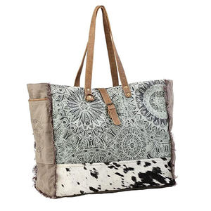 Western Style Genuine Cowhide <b>Handbag</b> Mandala Print <b>Canvas</b> Shoulder Tote with Frayed Edges and Buckle Closure - Product Image 4