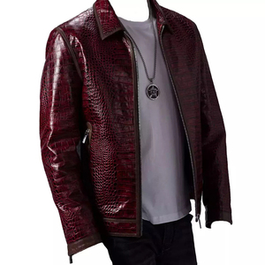 Trendy Men's Red Embossed PU Leather Biker Jacket Turn-down Collar Zipper Closure Moto Style Autumn Wear Breathable - Product Image 3