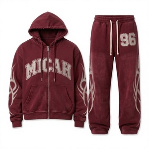 Conjunto de 2 piezas unisex: Sudadera con capucha y pantalones de chándal, con letras desgastadas bordadas, pedrería, efecto llama, forro polar y lavado ácido con diseño de dibujos animados. - Product Image 4