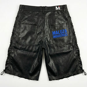 Shorts en cuir noir pour homme, style streetwear, hip hop, urbain, motard, design à lacets, Maluza Industries - Product Image 3
