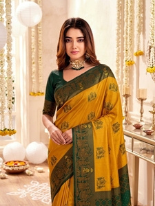 Sari Tradicional Indio de Seda para Mujer, Amarillo y Verde Estampado, para Bodas, Largo hasta el Suelo, Corte Regular, Sin Arrugas, para Adultos - Product Image 3