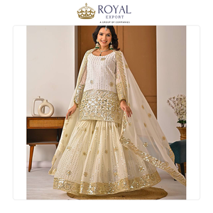 Suministro Directo de Fábrica: Traje Sharara de Seda Georgette Pesada con Dupatta de Georgette y Bordados, Estilo Indio - Product Image 4