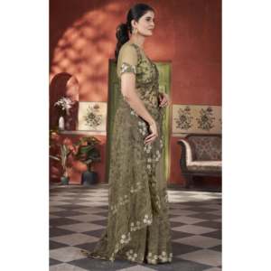 Sari de Soirée en Soie de Créateur avec Broderie et Pierres, Châle Élégant pour Mariage - Product Image 1