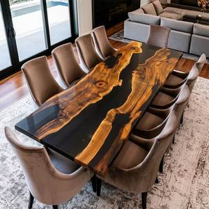 Mesa de Comedor Rectangular Moderna Hecha a Mano con Bordes Naturales de Madera y Resina Negra, con Patas de Metal, para 6 Personas, Muebles para Comedor - Product Image 3