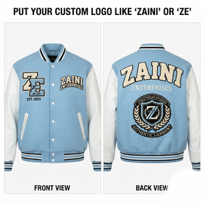 ZAINI 400 GSM Wool Blend Windproof Men/Unisex Autumn Varsity Jacket Light Blue White Sleeves Custom Chenille Patch Embroidery - Product Image 1