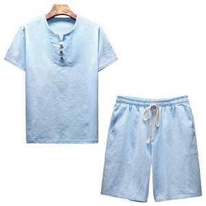 Ensemble t-shirt et short en coton uni pour homme, décontracté, respirant, pour l'été, col Henry, tissu tissé - Product Image 4