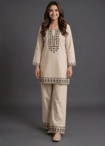 Ensemble Kurta et pantalon droit brodé en mélange de coton pour femme KV (Beige) - Réversible, séchage rapide, tenue décontractée d'automne pour mariage et fête - Product Image 3